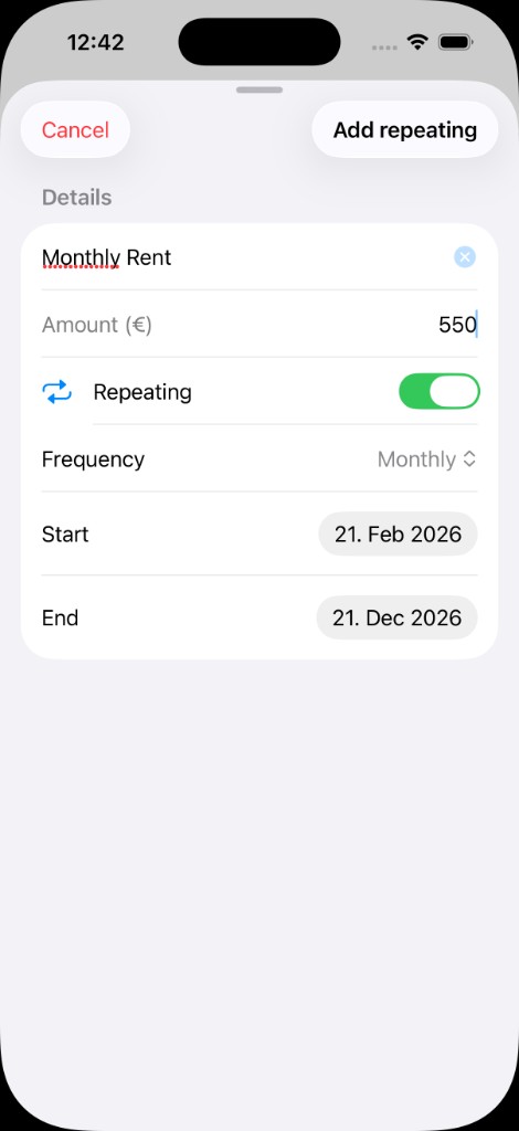 Add repeating expense – frequency and dates