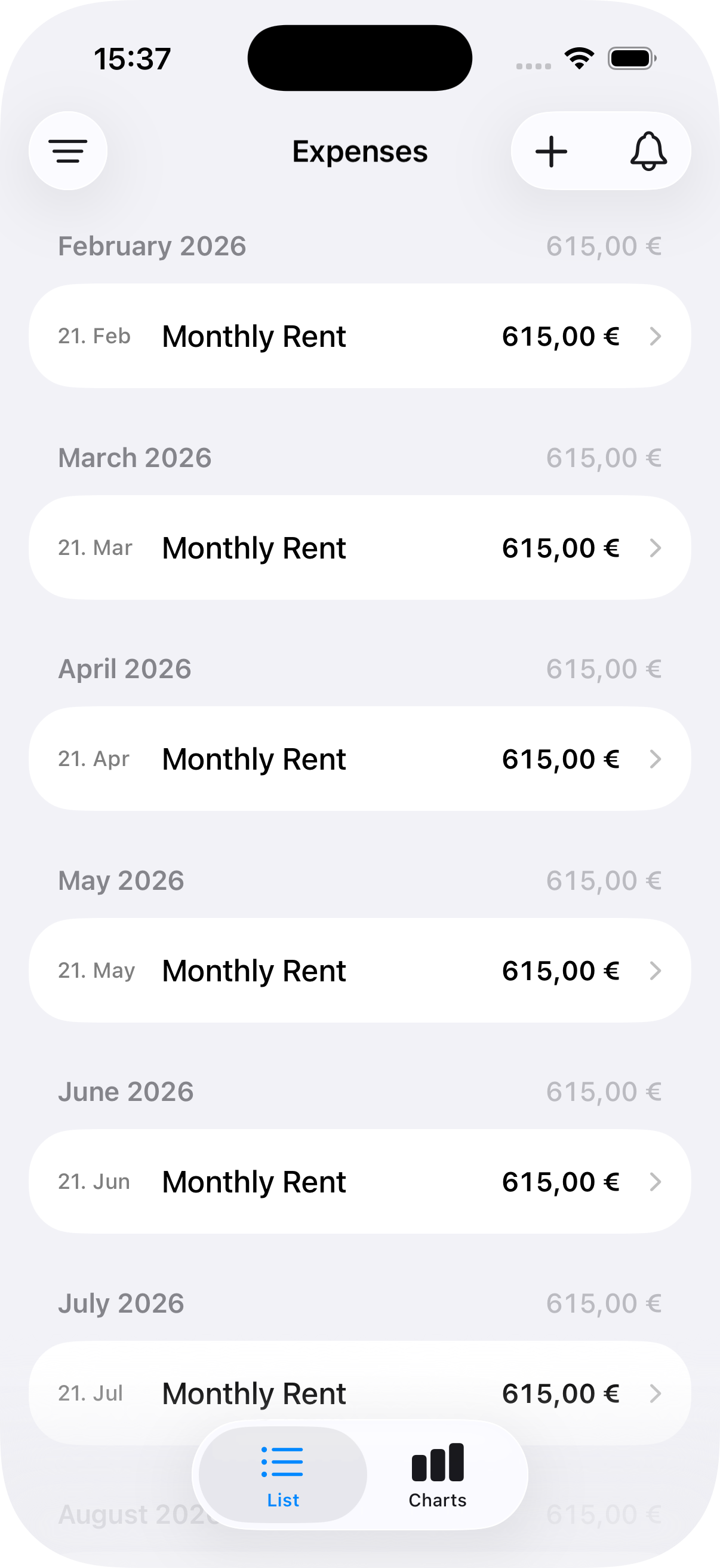 Expenses overview as list